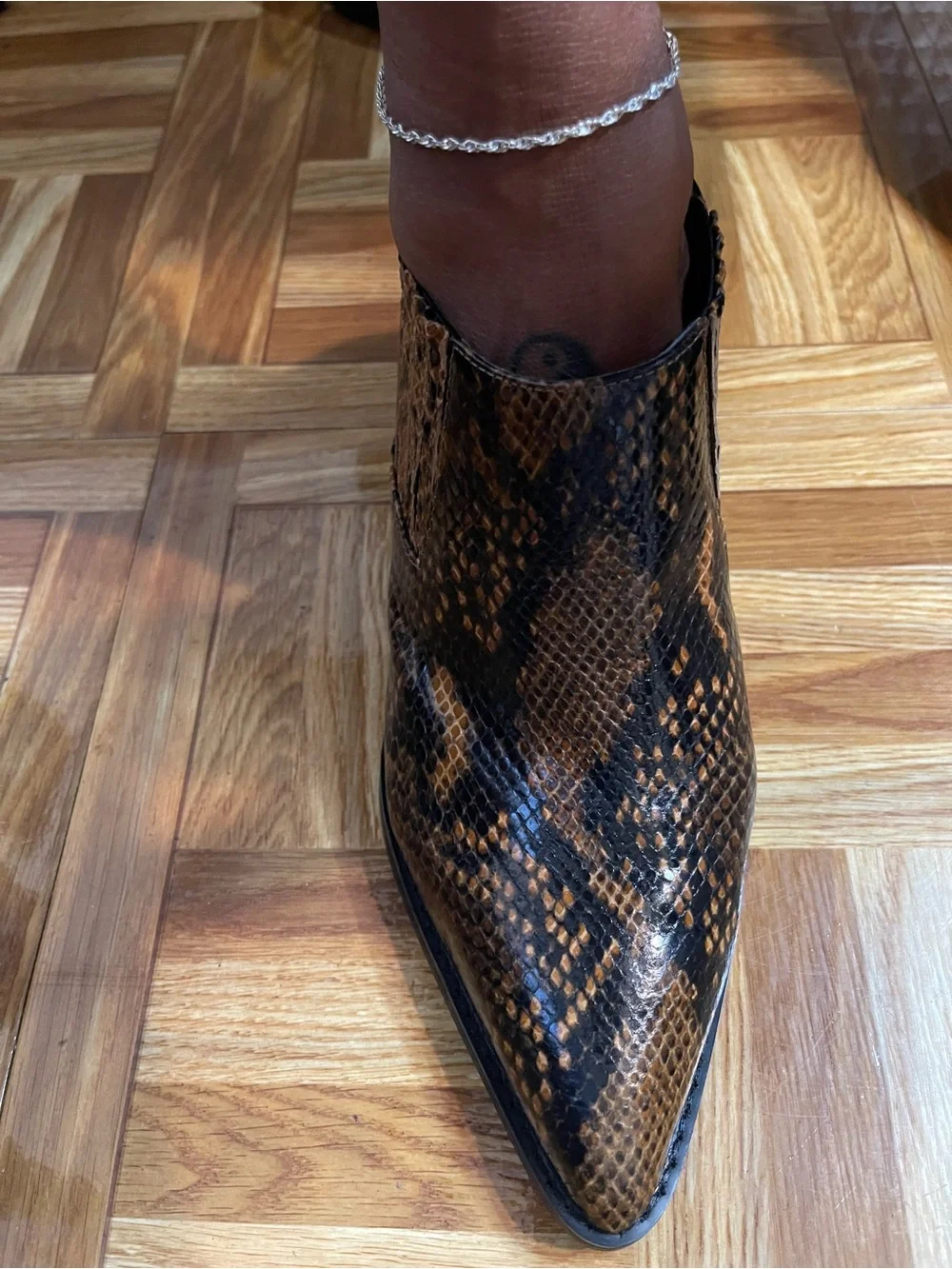 Snake-Print Pointed Toe Ankle Boot - Brown
